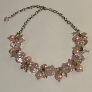 Faceted Pink Lucite & Faux Pearls Collar Necklace